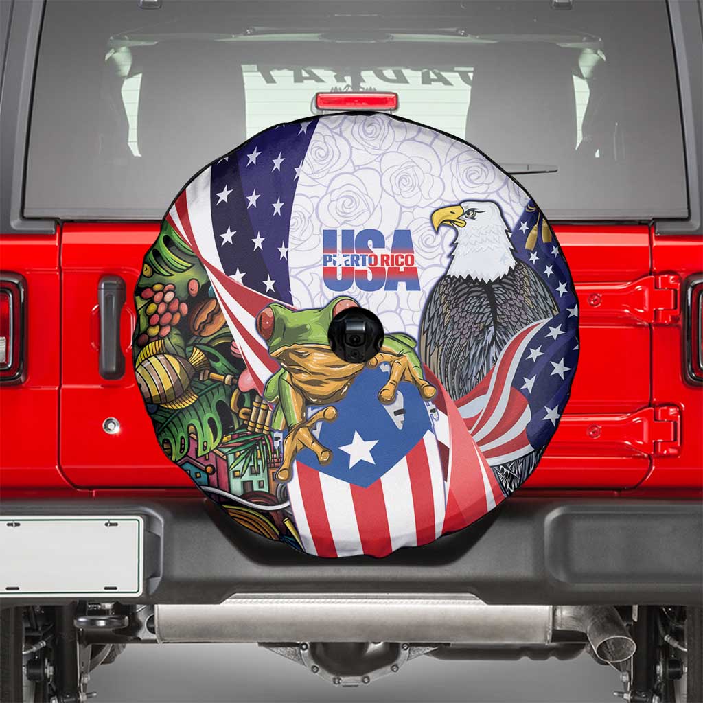 United States Puerto Rico Spare Tire Cover USA Curve Flag With Coqui Drum - Wonder Print Shop