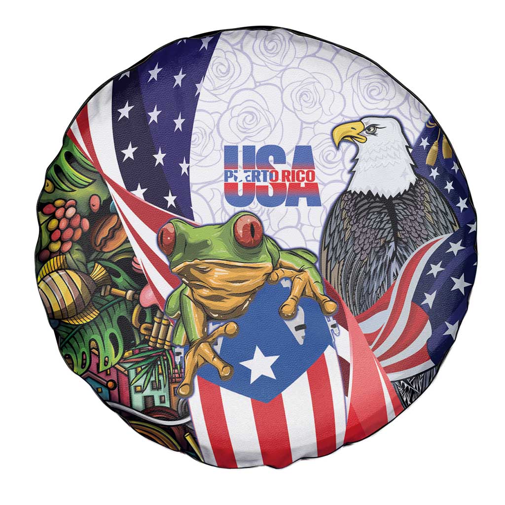 United States Puerto Rico Spare Tire Cover USA Curve Flag With Coqui Drum - Wonder Print Shop