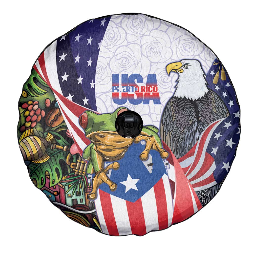 United States Puerto Rico Spare Tire Cover USA Curve Flag With Coqui Drum - Wonder Print Shop