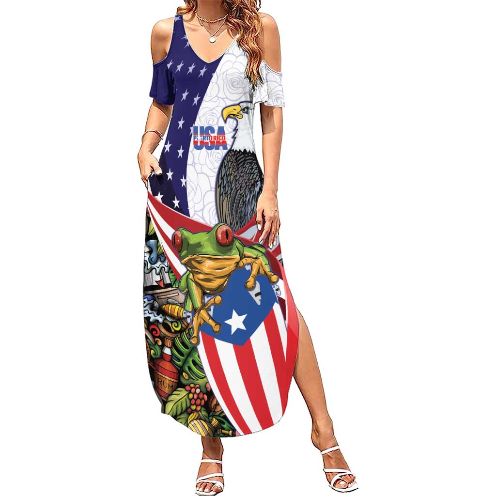 United States Puerto Rico Summer Maxi Dress USA Curve Flag With Coqui Drum - Wonder Print Shop
