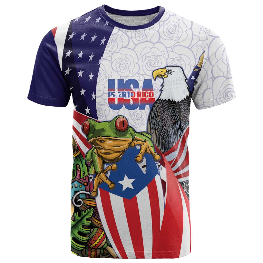 United States Puerto Rico T Shirt USA Curve Flag With Coqui Drum - Wonder Print Shop