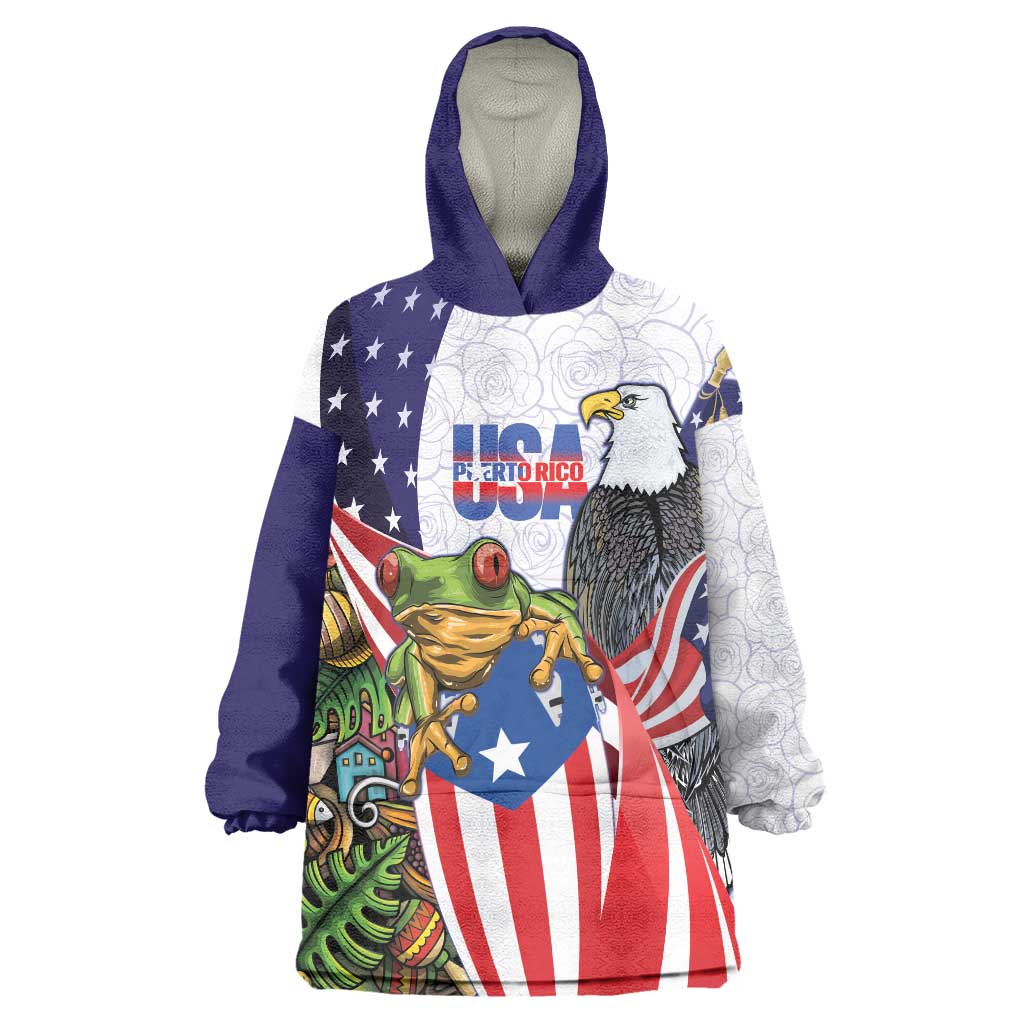 United States Puerto Rico Wearable Blanket Hoodie USA Curve Flag With Coqui Drum - Wonder Print Shop