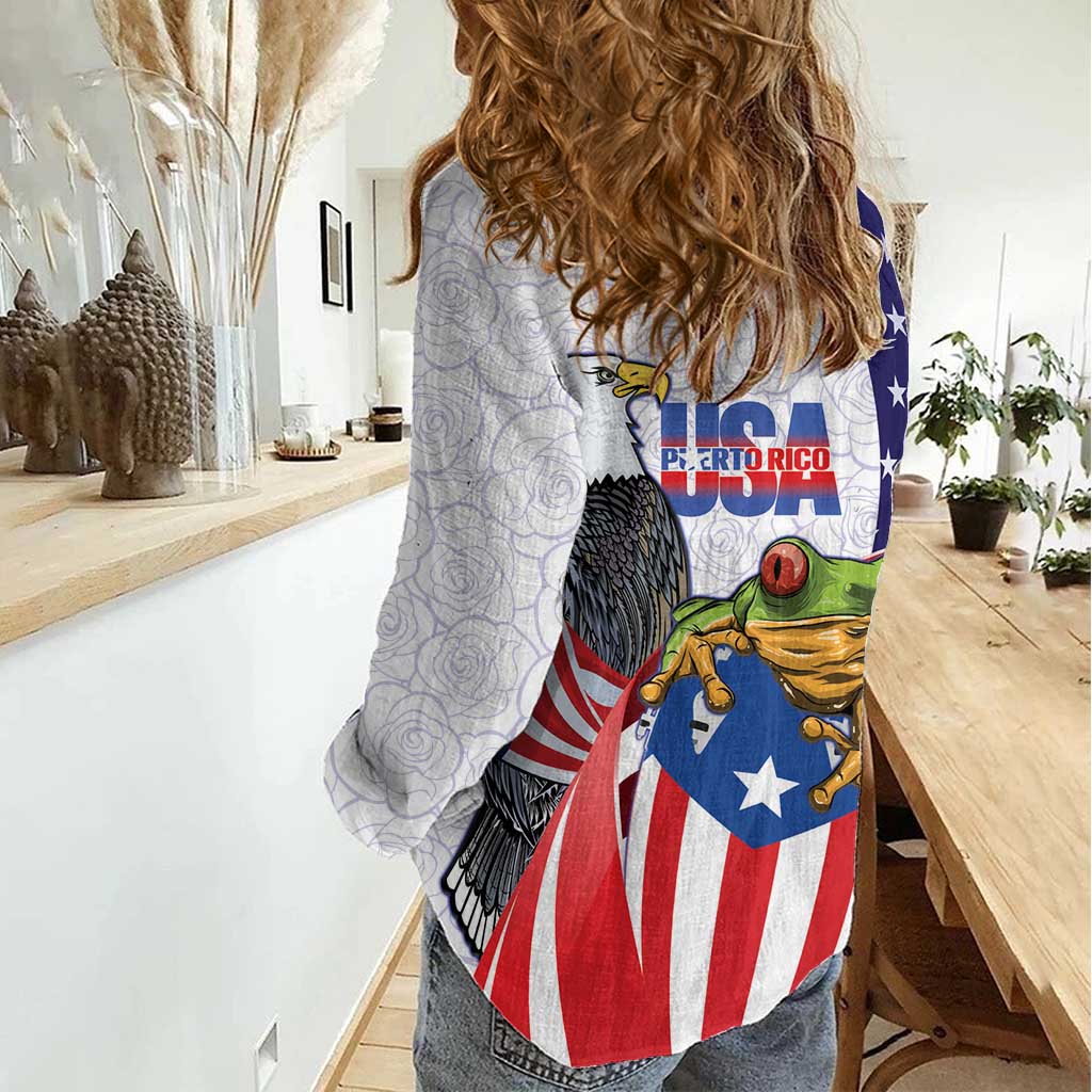 United States Puerto Rico Women Casual Shirt USA Curve Flag With Coqui Drum - Wonder Print Shop
