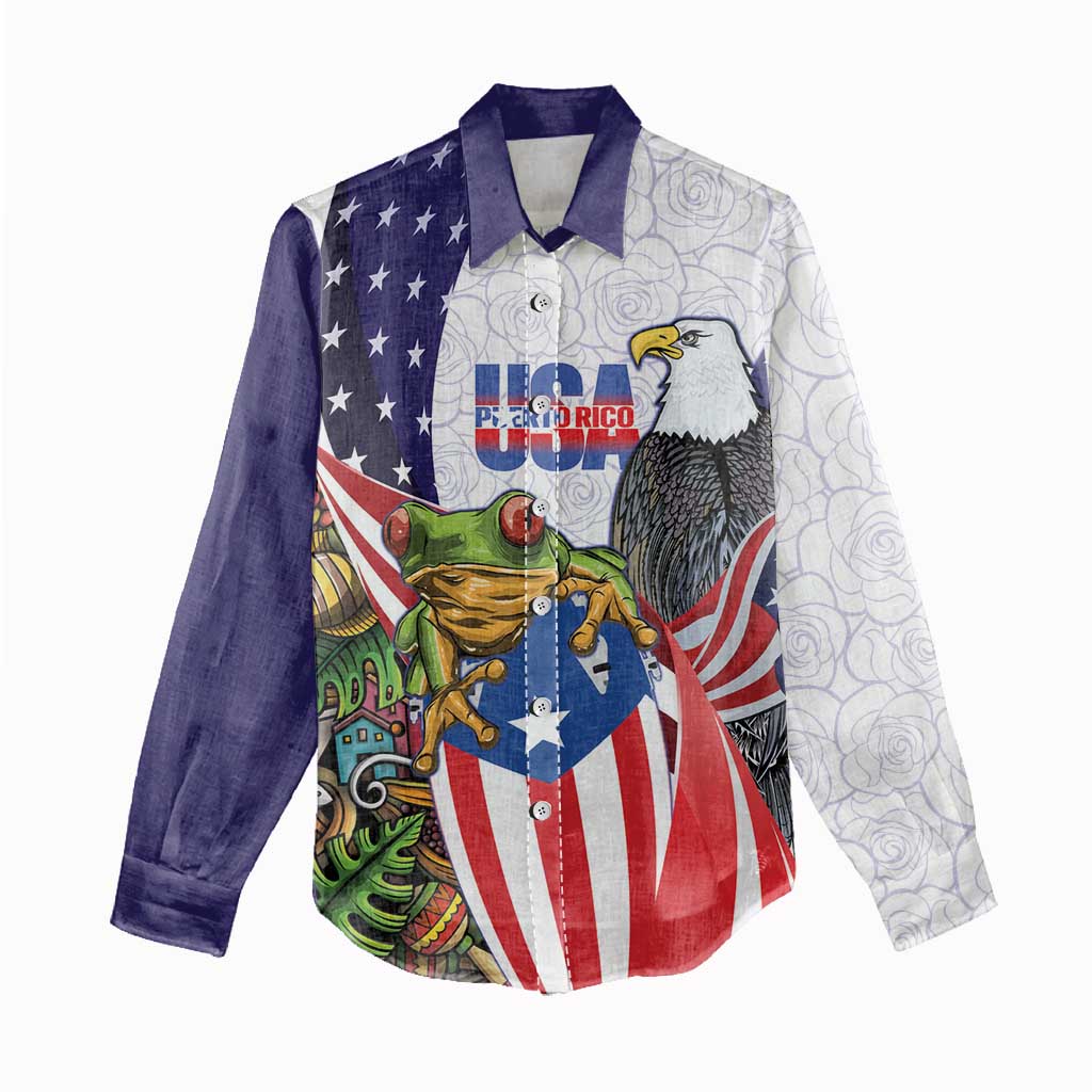 United States Puerto Rico Women Casual Shirt USA Curve Flag With Coqui Drum - Wonder Print Shop