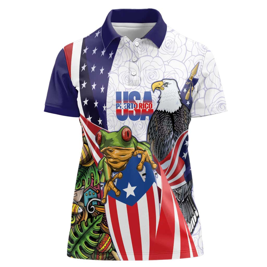 United States Puerto Rico Women Polo Shirt USA Curve Flag With Coqui Drum - Wonder Print Shop