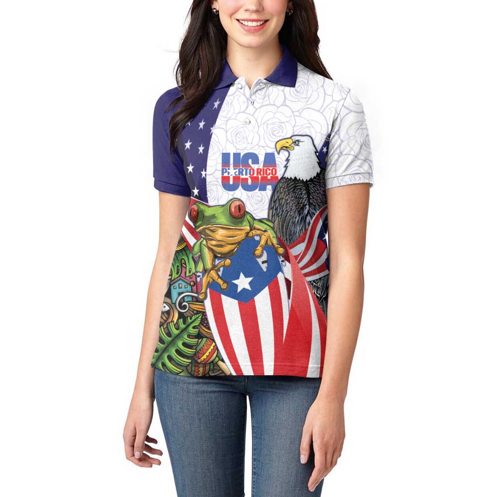 United States Puerto Rico Women Polo Shirt USA Curve Flag With Coqui Drum - Wonder Print Shop