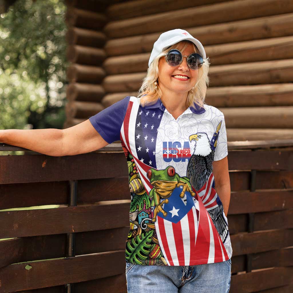 United States Puerto Rico Women Polo Shirt USA Curve Flag With Coqui Drum - Wonder Print Shop