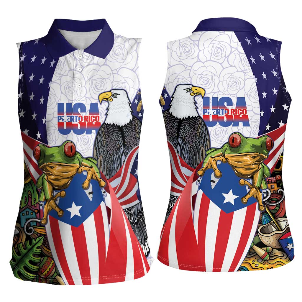United States Puerto Rico Women Sleeveless Polo Shirt USA Curve Flag With Coqui Drum - Wonder Print Shop