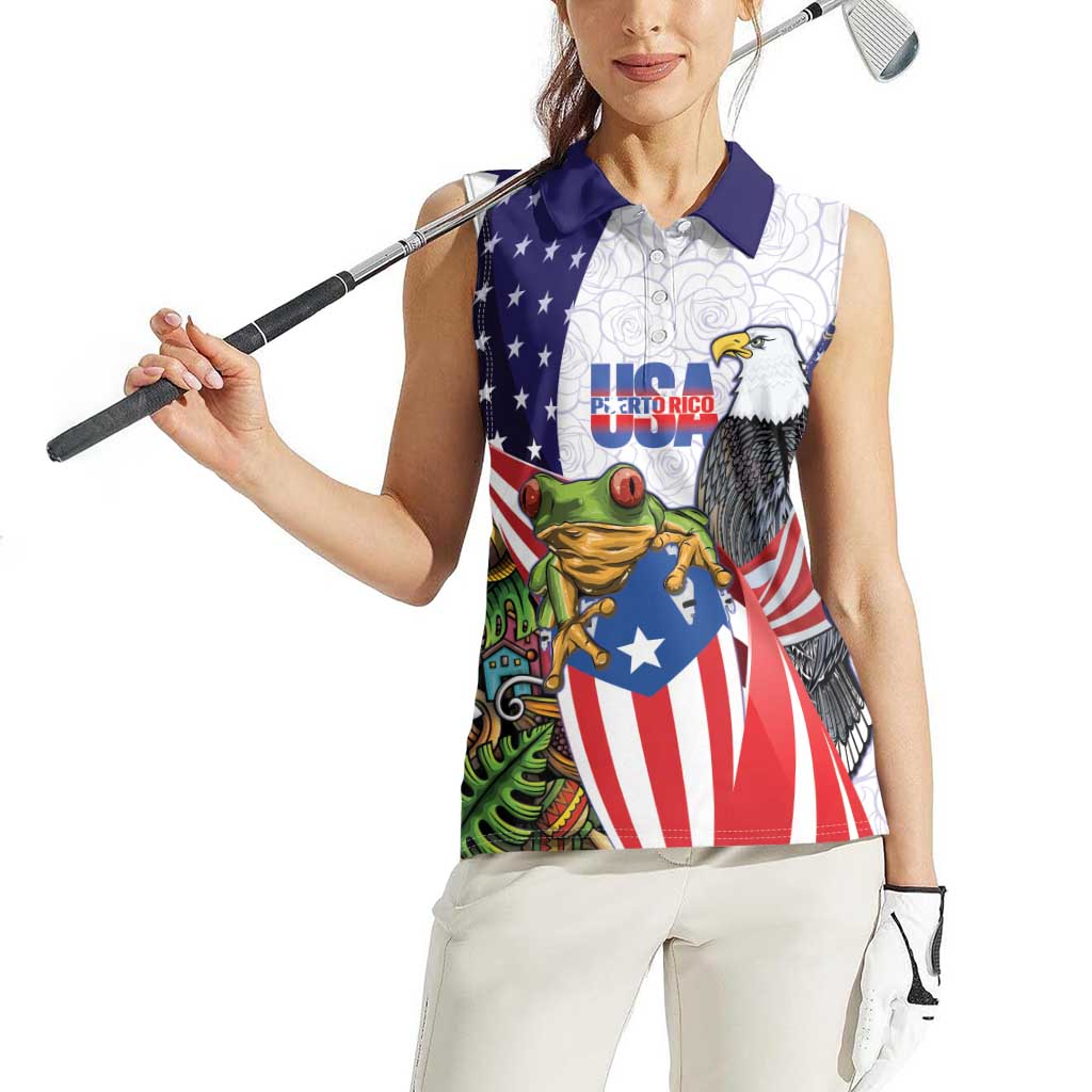 United States Puerto Rico Women Sleeveless Polo Shirt USA Curve Flag With Coqui Drum - Wonder Print Shop