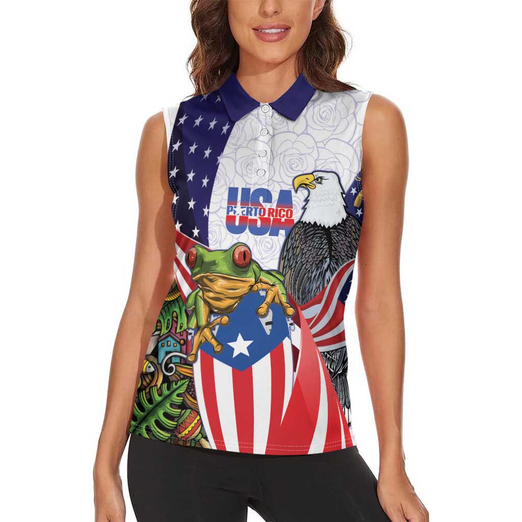 United States Puerto Rico Women Sleeveless Polo Shirt USA Curve Flag With Coqui Drum - Wonder Print Shop