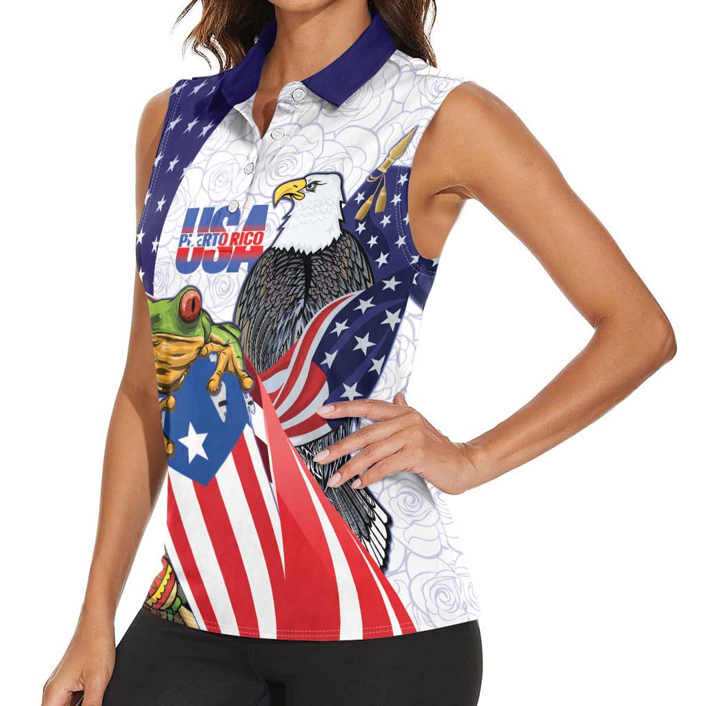United States Puerto Rico Women Sleeveless Polo Shirt USA Curve Flag With Coqui Drum - Wonder Print Shop