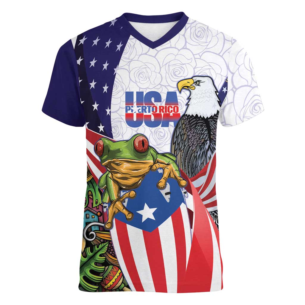 United States Puerto Rico Women V-Neck T-Shirt USA Curve Flag With Coqui Drum - Wonder Print Shop