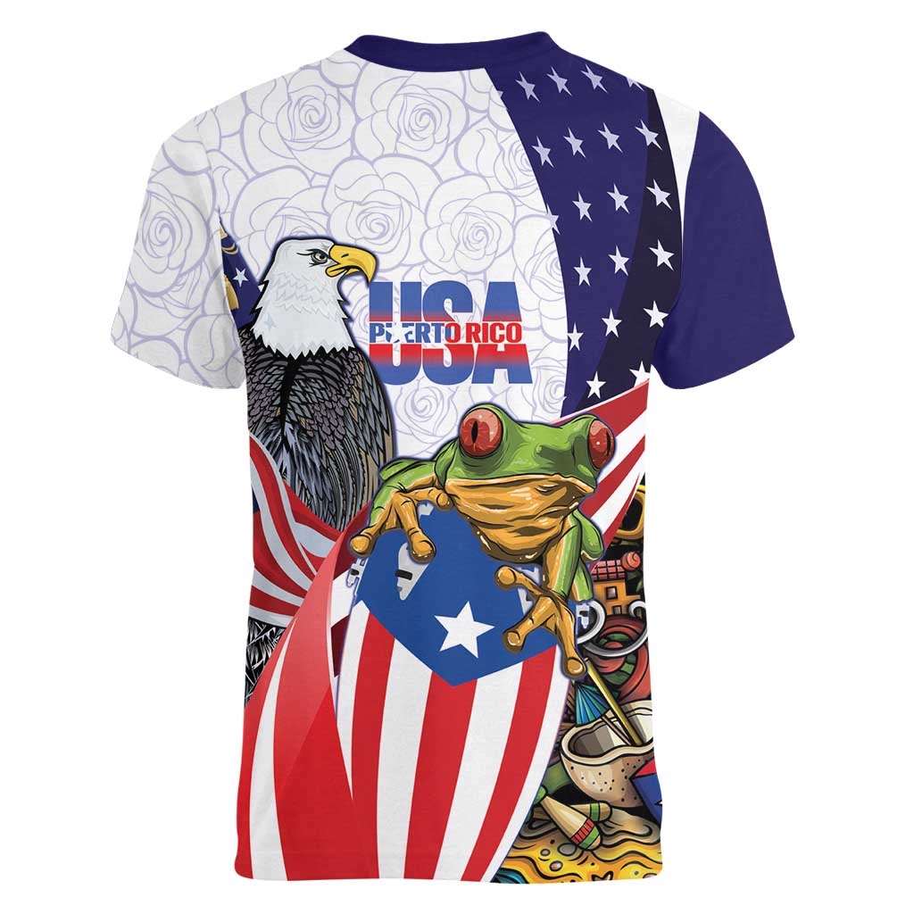 United States Puerto Rico Women V-Neck T-Shirt USA Curve Flag With Coqui Drum - Wonder Print Shop
