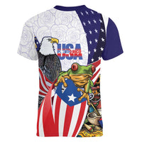 United States Puerto Rico Women V-Neck T-Shirt USA Curve Flag With Coqui Drum - Wonder Print Shop