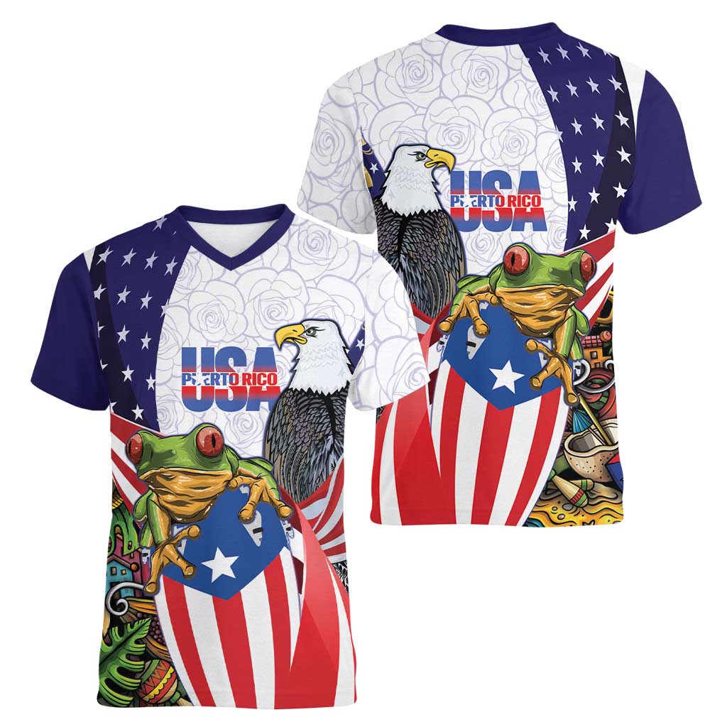 United States Puerto Rico Women V-Neck T-Shirt USA Curve Flag With Coqui Drum - Wonder Print Shop