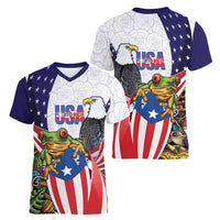 United States Puerto Rico Women V-Neck T-Shirt USA Curve Flag With Coqui Drum - Wonder Print Shop