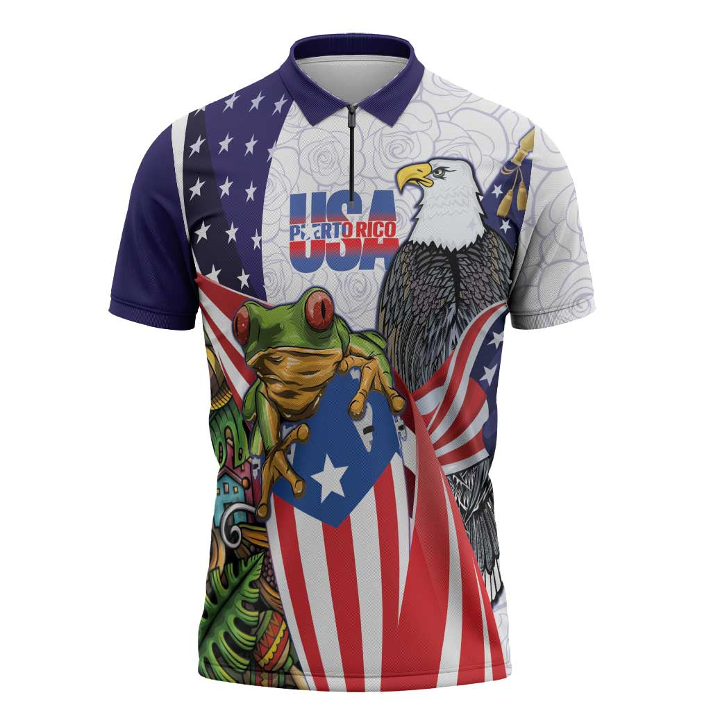 United States Puerto Rico Zipper Polo Shirt USA Curve Flag With Coqui Drum - Wonder Print Shop