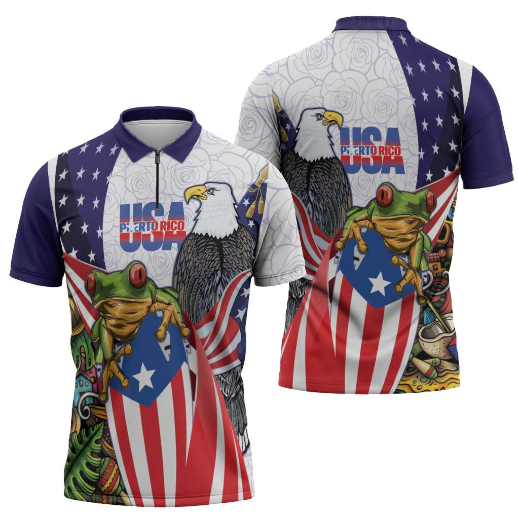 United States Puerto Rico Zipper Polo Shirt USA Curve Flag With Coqui Drum - Wonder Print Shop