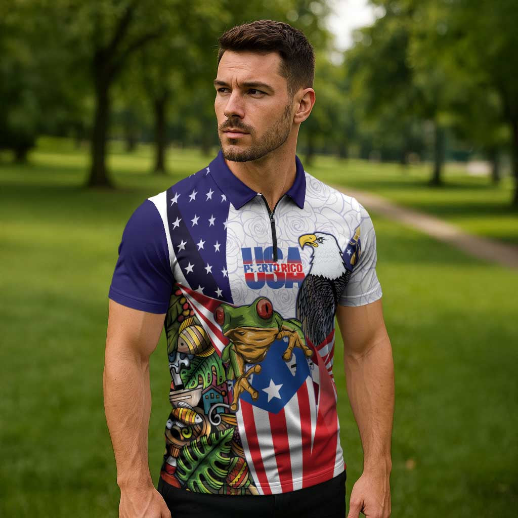 United States Puerto Rico Zipper Polo Shirt USA Curve Flag With Coqui Drum - Wonder Print Shop