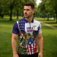 United States Puerto Rico Zipper Polo Shirt USA Curve Flag With Coqui Drum - Wonder Print Shop