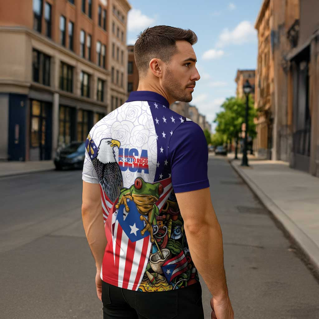 United States Puerto Rico Zipper Polo Shirt USA Curve Flag With Coqui Drum - Wonder Print Shop