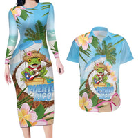 Puerto Rico Pava Coqui Couples Matching Long Sleeve Bodycon Dress and Hawaiian Shirt Spirit Frog Tropical Beach Vibes - Wonder Print Shop