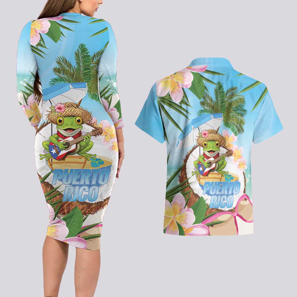 Puerto Rico Pava Coqui Couples Matching Long Sleeve Bodycon Dress and Hawaiian Shirt Spirit Frog Tropical Beach Vibes - Wonder Print Shop