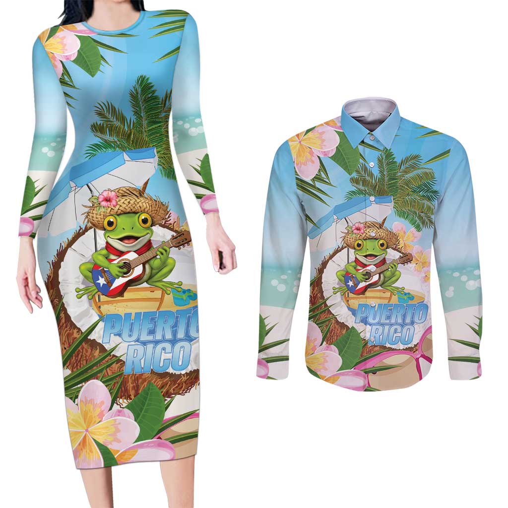 Puerto Rico Pava Coqui Couples Matching Long Sleeve Bodycon Dress and Long Sleeve Button Shirt Spirit Frog Tropical Beach Vibes - Wonder Print Shop