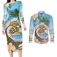 Puerto Rico Pava Coqui Couples Matching Long Sleeve Bodycon Dress and Long Sleeve Button Shirt Spirit Frog Tropical Beach Vibes - Wonder Print Shop