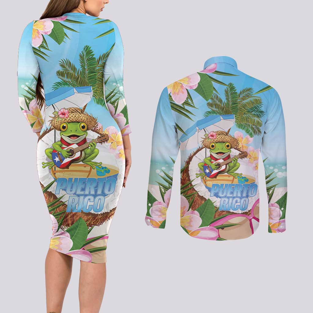Puerto Rico Pava Coqui Couples Matching Long Sleeve Bodycon Dress and Long Sleeve Button Shirt Spirit Frog Tropical Beach Vibes - Wonder Print Shop