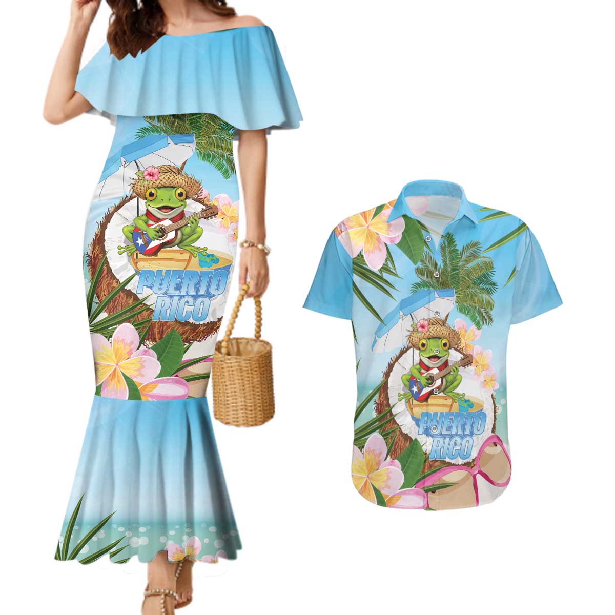 Puerto Rico Pava Coqui Couples Matching Mermaid Dress and Hawaiian Shirt Spirit Frog Tropical Beach Vibes - Wonder Print Shop
