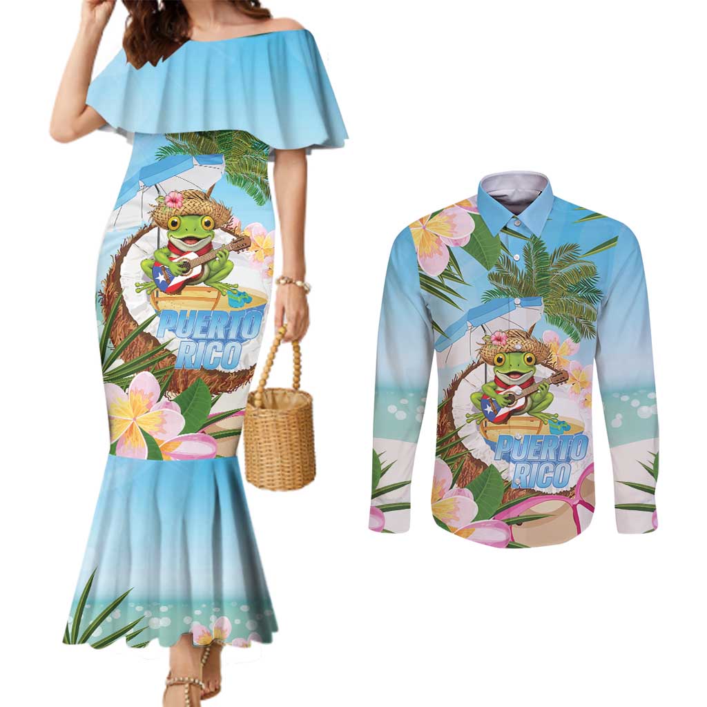 Puerto Rico Pava Coqui Couples Matching Mermaid Dress and Long Sleeve Button Shirt Spirit Frog Tropical Beach Vibes - Wonder Print Shop