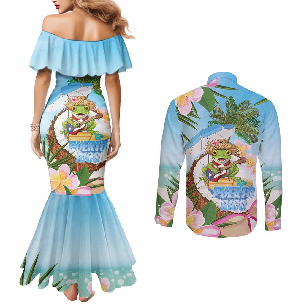 Puerto Rico Pava Coqui Couples Matching Mermaid Dress and Long Sleeve Button Shirt Spirit Frog Tropical Beach Vibes - Wonder Print Shop
