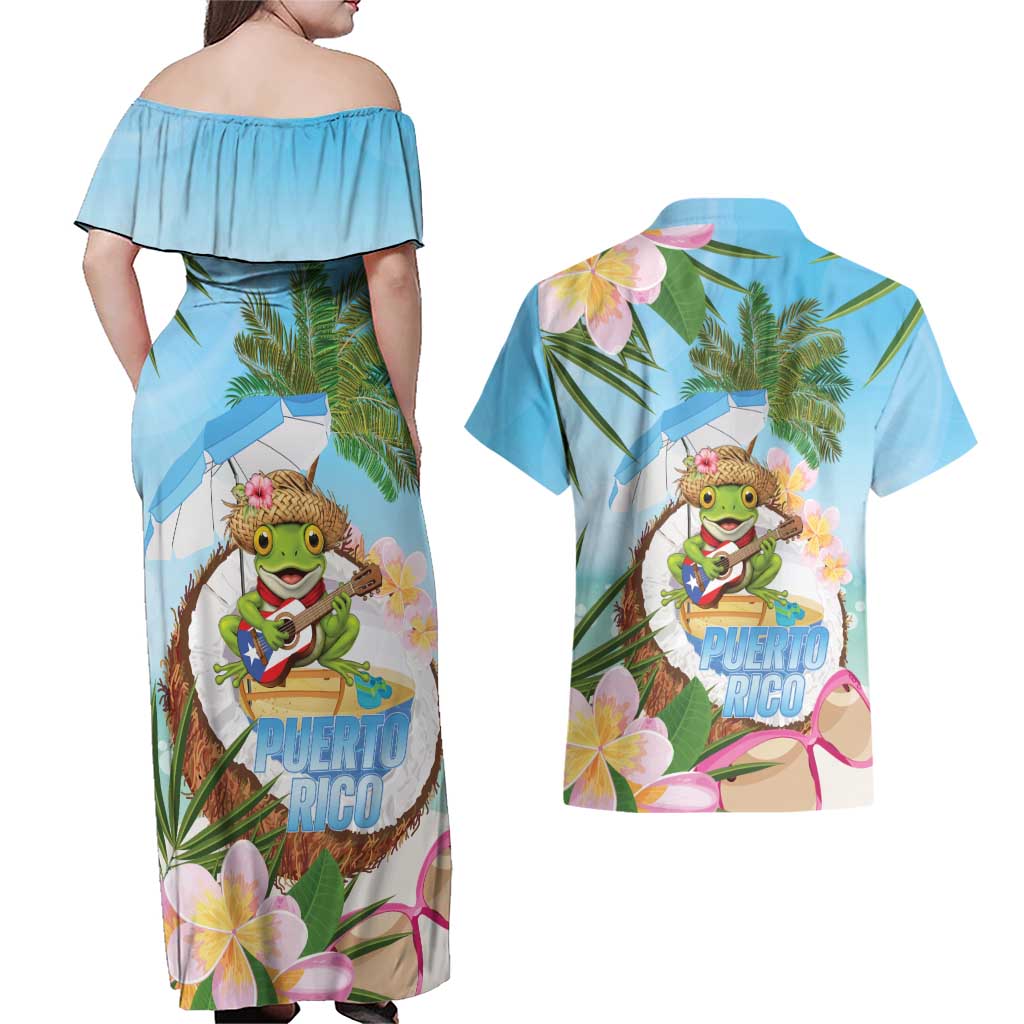 Puerto Rico Pava Coqui Couples Matching Off Shoulder Maxi Dress and Hawaiian Shirt Spirit Frog Tropical Beach Vibes - Wonder Print Shop