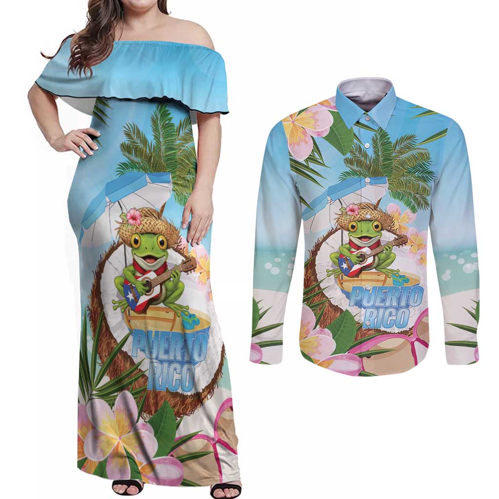 Puerto Rico Pava Coqui Couples Matching Off Shoulder Maxi Dress and Long Sleeve Button Shirt Spirit Frog Tropical Beach Vibes - Wonder Print Shop