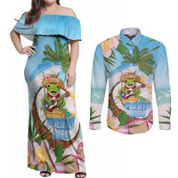 Puerto Rico Pava Coqui Couples Matching Off Shoulder Maxi Dress and Long Sleeve Button Shirt Spirit Frog Tropical Beach Vibes - Wonder Print Shop
