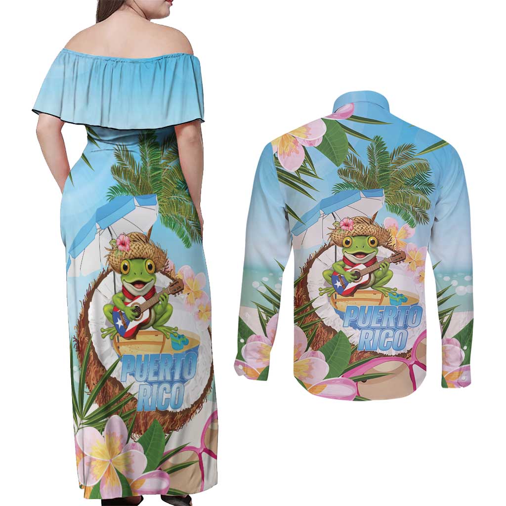 Puerto Rico Pava Coqui Couples Matching Off Shoulder Maxi Dress and Long Sleeve Button Shirt Spirit Frog Tropical Beach Vibes - Wonder Print Shop