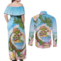 Puerto Rico Pava Coqui Couples Matching Off Shoulder Maxi Dress and Long Sleeve Button Shirt Spirit Frog Tropical Beach Vibes - Wonder Print Shop