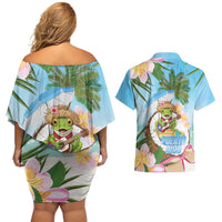 Puerto Rico Pava Coqui Couples Matching Off Shoulder Short Dress and Hawaiian Shirt Spirit Frog Tropical Beach Vibes - Wonder Print Shop