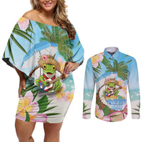 Puerto Rico Pava Coqui Couples Matching Off Shoulder Short Dress and Long Sleeve Button Shirt Spirit Frog Tropical Beach Vibes - Wonder Print Shop