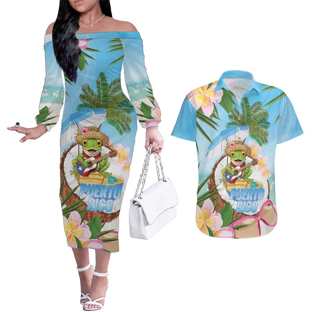 Puerto Rico Pava Coqui Couples Matching Off The Shoulder Long Sleeve Dress and Hawaiian Shirt Spirit Frog Tropical Beach Vibes - Wonder Print Shop