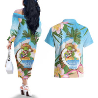 Puerto Rico Pava Coqui Couples Matching Off The Shoulder Long Sleeve Dress and Hawaiian Shirt Spirit Frog Tropical Beach Vibes - Wonder Print Shop