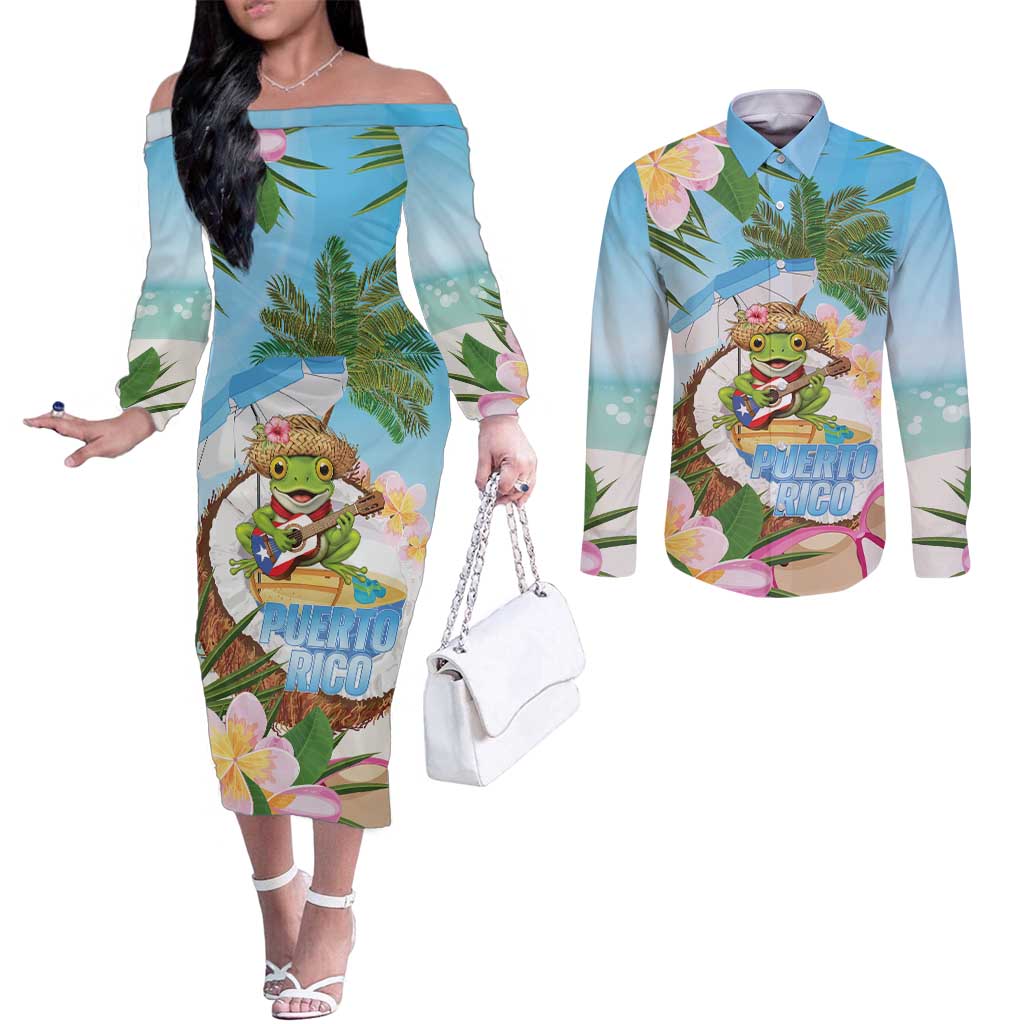 Puerto Rico Pava Coqui Couples Matching Off The Shoulder Long Sleeve Dress and Long Sleeve Button Shirt Spirit Frog Tropical Beach Vibes - Wonder Print Shop