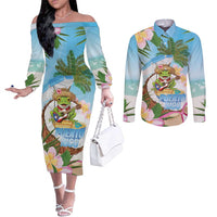 Puerto Rico Pava Coqui Couples Matching Off The Shoulder Long Sleeve Dress and Long Sleeve Button Shirt Spirit Frog Tropical Beach Vibes - Wonder Print Shop