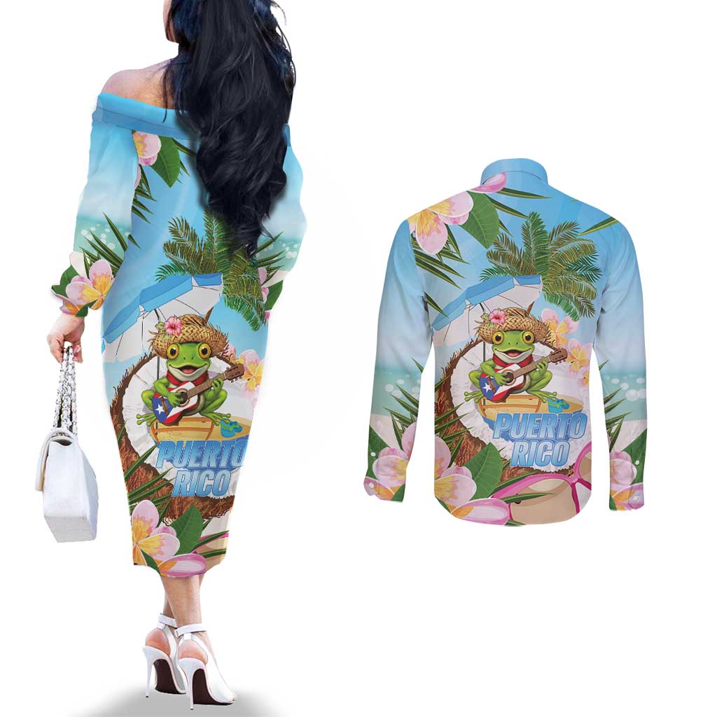 Puerto Rico Pava Coqui Couples Matching Off The Shoulder Long Sleeve Dress and Long Sleeve Button Shirt Spirit Frog Tropical Beach Vibes - Wonder Print Shop