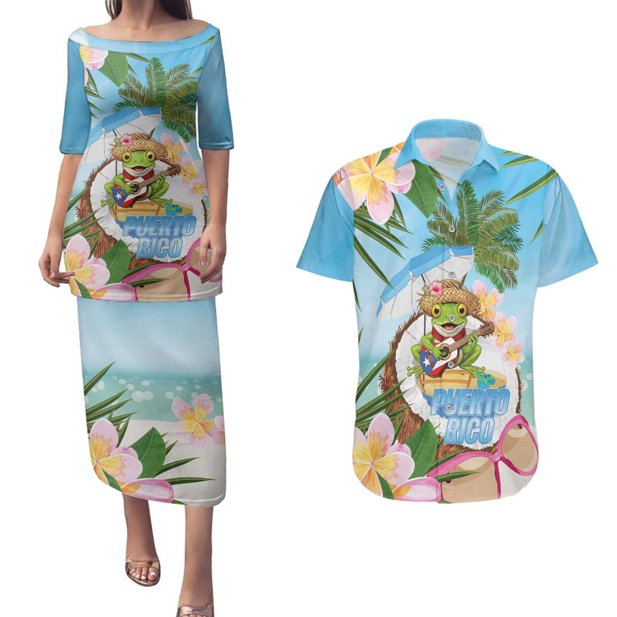 Puerto Rico Pava Coqui Couples Matching Puletasi and Hawaiian Shirt Spirit Frog Tropical Beach Vibes - Wonder Print Shop
