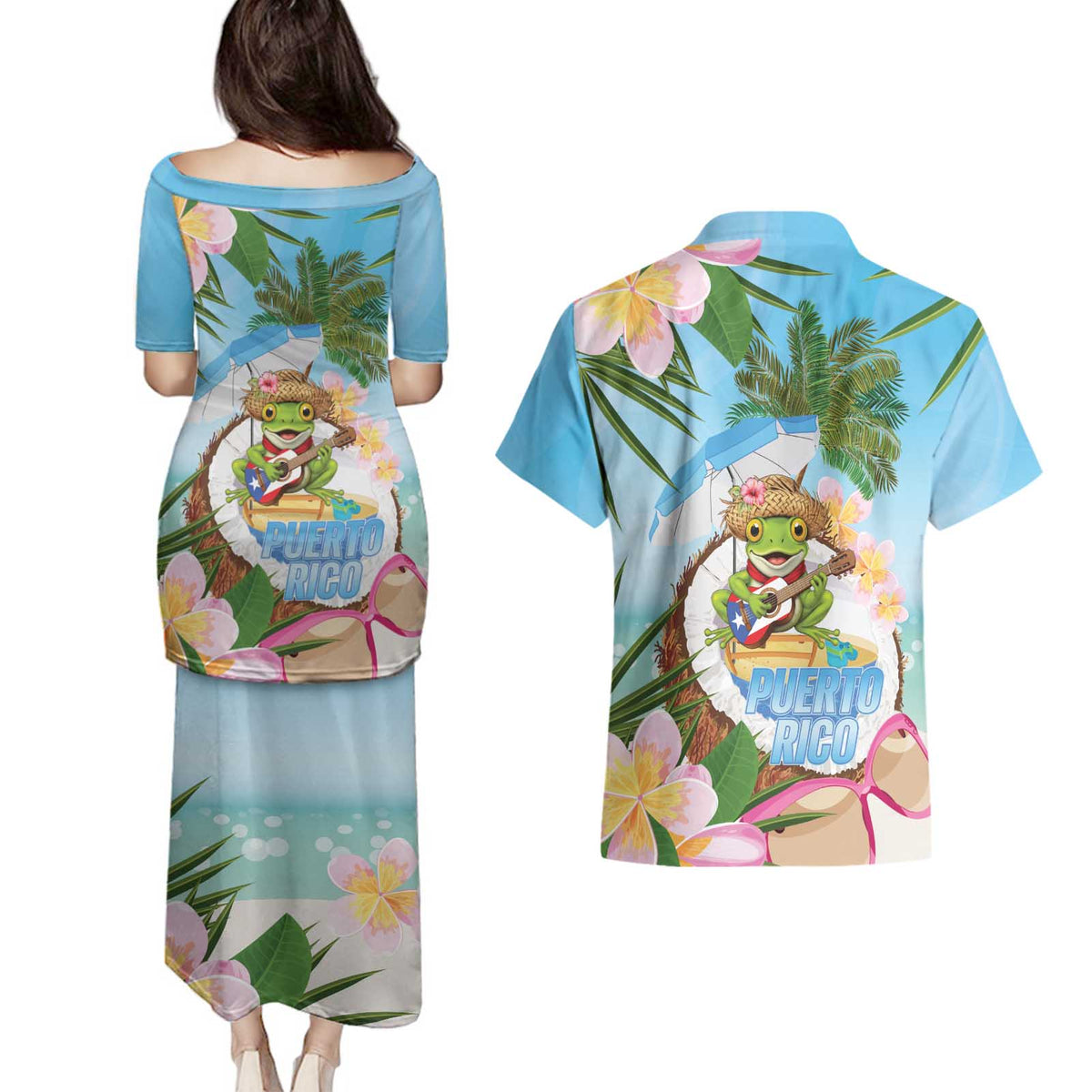 Puerto Rico Pava Coqui Couples Matching Puletasi and Hawaiian Shirt Spirit Frog Tropical Beach Vibes - Wonder Print Shop