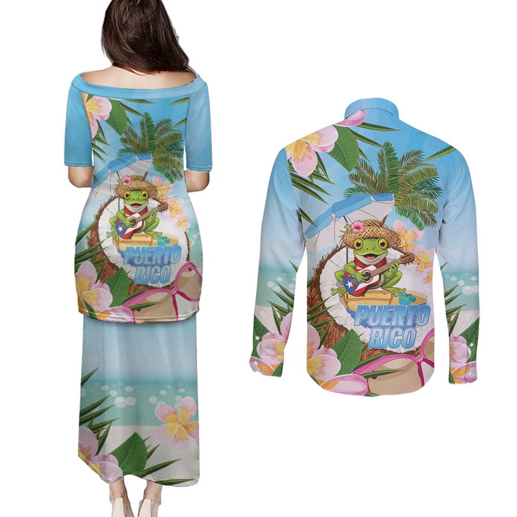 Puerto Rico Pava Coqui Couples Matching Puletasi and Long Sleeve Button Shirt Spirit Frog Tropical Beach Vibes - Wonder Print Shop