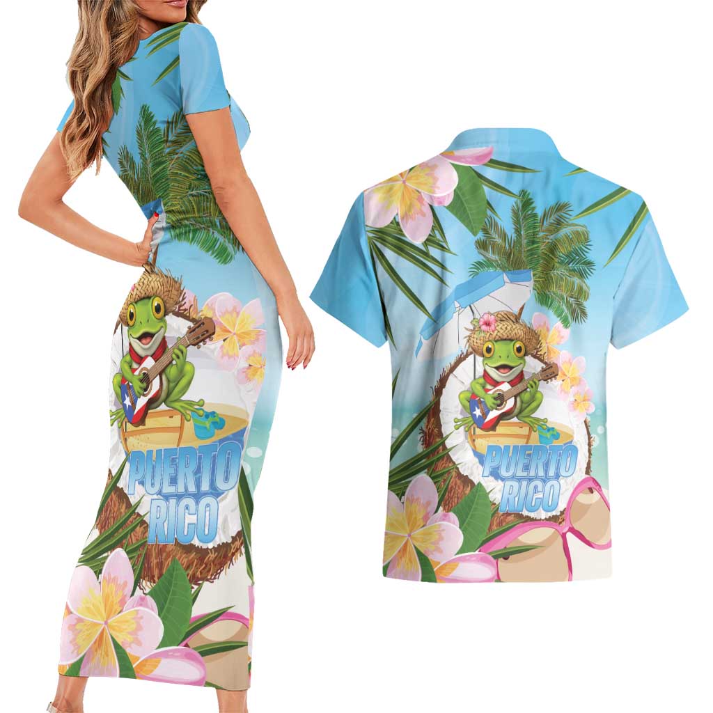 Puerto Rico Pava Coqui Couples Matching Short Sleeve Bodycon Dress and Hawaiian Shirt Spirit Frog Tropical Beach Vibes - Wonder Print Shop