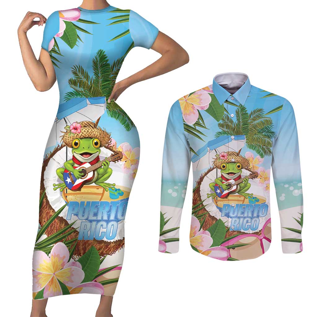 Puerto Rico Pava Coqui Couples Matching Short Sleeve Bodycon Dress and Long Sleeve Button Shirt Spirit Frog Tropical Beach Vibes - Wonder Print Shop